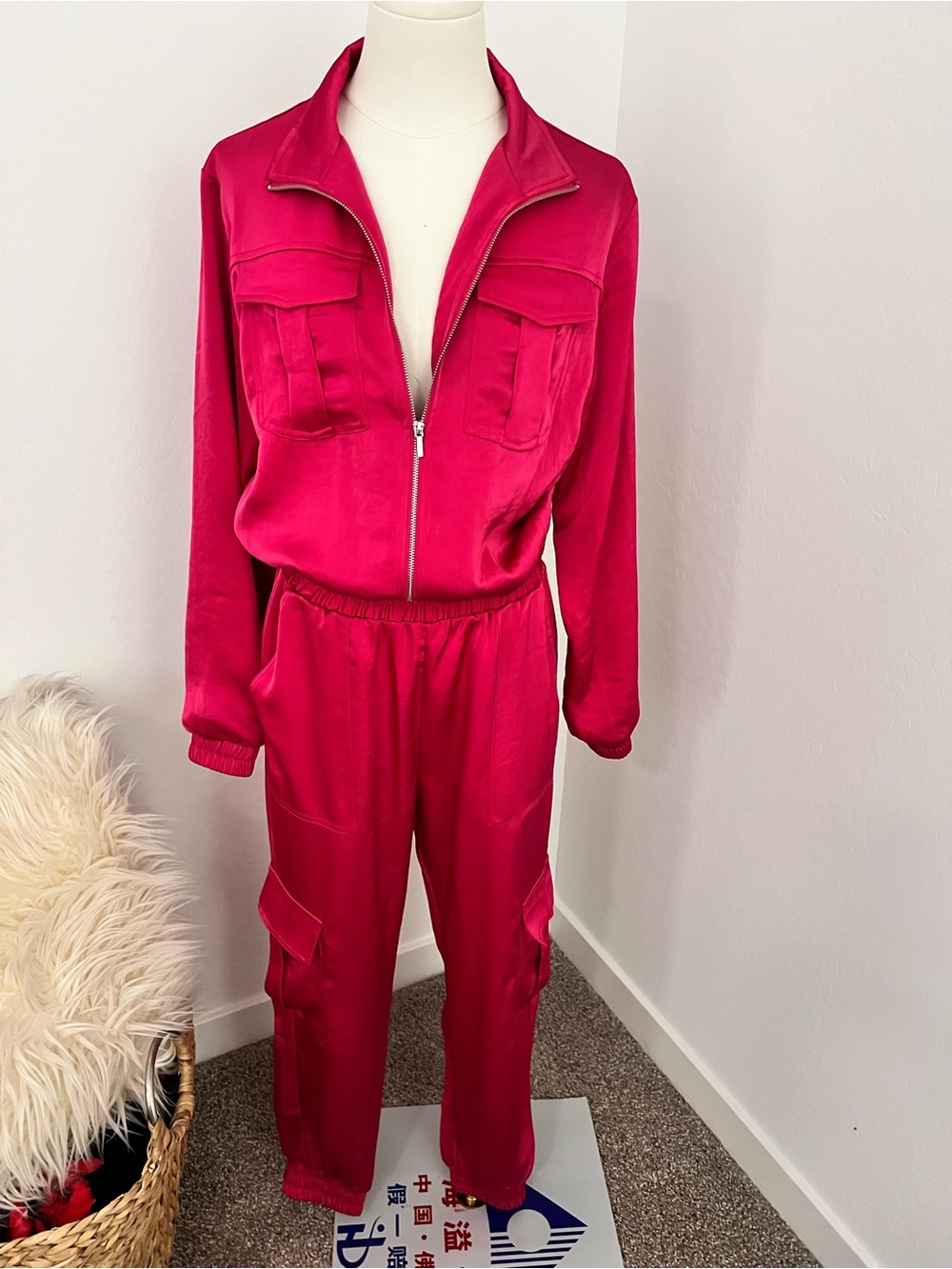 bebe Magenta Zip-Front Cargo Jumpsuit